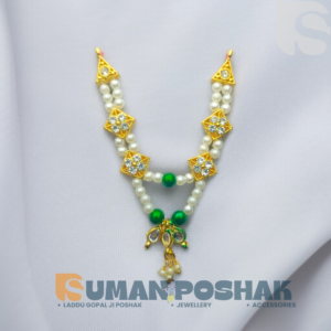 Luxury kundan and pearl mala with green accents for Laddu Gopal Ji on white background