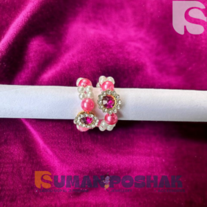 Multicolored bead kadha for Laddu Gopal Ji displayed on a white roll with a dark blue velvet background – handcrafted devotional jewelry from sumanposhak.com.