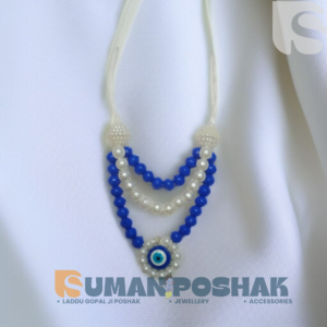 Blue and white evil eye beaded mala for Laddu Gopal Ji on white cloth