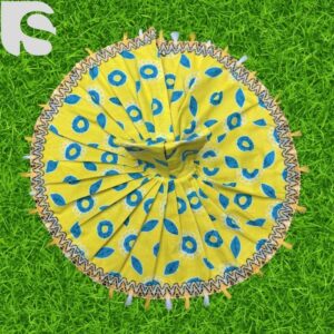 Handmade yellow poshak dress with blue floral drop patterns for Laddu Gopal Ji