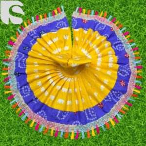 Bright yellow and blue Bandhani-style Laddu Gopal poshak with elephant motifs and multicolor lace border.