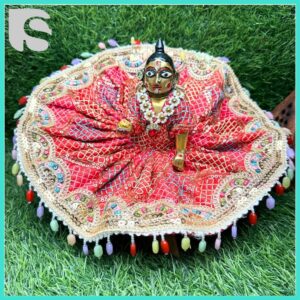 Red designer Laddu Gopal dress with golden sequin border and multicolor beads – Janmashtami special