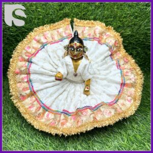 Multicolor poshak for Laddu Gopal Ji with teal and pink sequined border – Ideal for Janmashtami